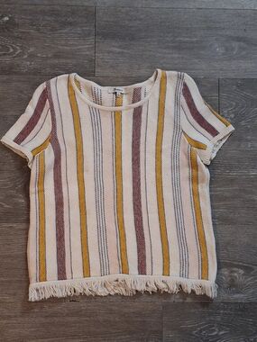 Madewell Short Sleeve Striped Knit Tee in Cream With Fringe Hem Detailing Art
